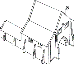 Repton Arch: reconstruction of the Priory gatehouse in its post-medieval state, looking north-east.    (Drawn by Walker Carlton)
