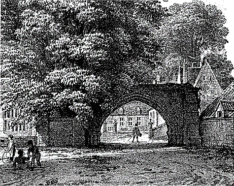 Repton Arch: the Arch c. 1832-42.    Detail from a lithograph after a drawing by M.    Webster, dedicated to the Rev. W.B. Sleath (headmaster of Repton School, 1800-32, died 1842), as vicar of Etwall and master of Etwall Hospital.    (Photograph by John Crook.)