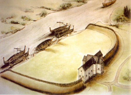 Artist's impression of the defences constructed by the Vikings at Repton in the winter of 873-4 AD.  The Anglian church forms the central strongpoint of the ditched and banked enclosure, while longships moor in the River Trent to the north.